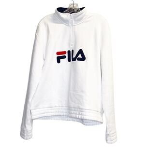 FILA Large Logo Quarter Zip Pullover Sweatshirt Sweater White Jacket sz M
